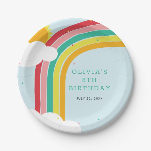 Assiettes En Carton Arc en ciel, soleil et nuages Fête d'anniversaire  (Devant)