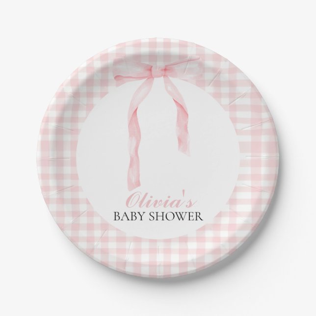 Assiettes En Carton Arc rose et en vichy baby shower préppant (Devant)