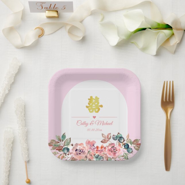 Assiettes En Carton Arche fleurie rose blanc mariage chinois (Mariage)