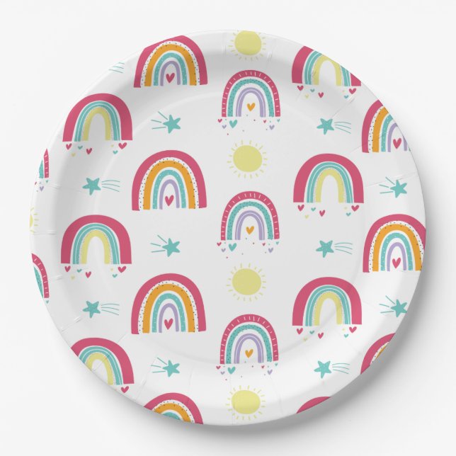 Assiettes En Carton Arcs en ciel et soleil Anniversaire rose et violet (Devant)