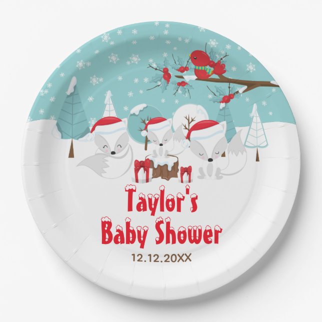 Assiettes En Carton Arctic Fox Noël Baby shower forestier (Devant)