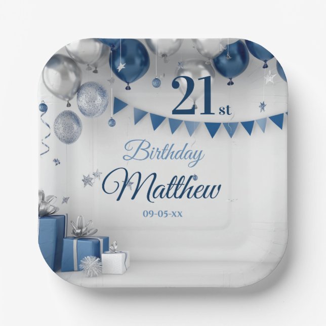 Assiettes En Carton Argent bleu 21e anniversaire (Recto)