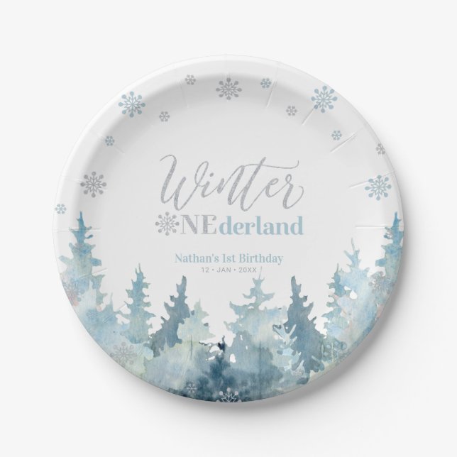 Assiettes En Carton Argent et bleu hiver Onederland Neige 1er annivers (Devant)