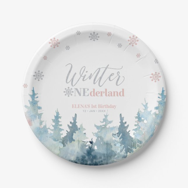 Assiettes En Carton Argent et rose hiver Wonderland Neige 1er annivers (Devant)
