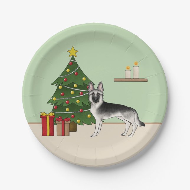 Assiettes En Carton Argent gris argenté allemand berger arbre de Noël  (Devant)