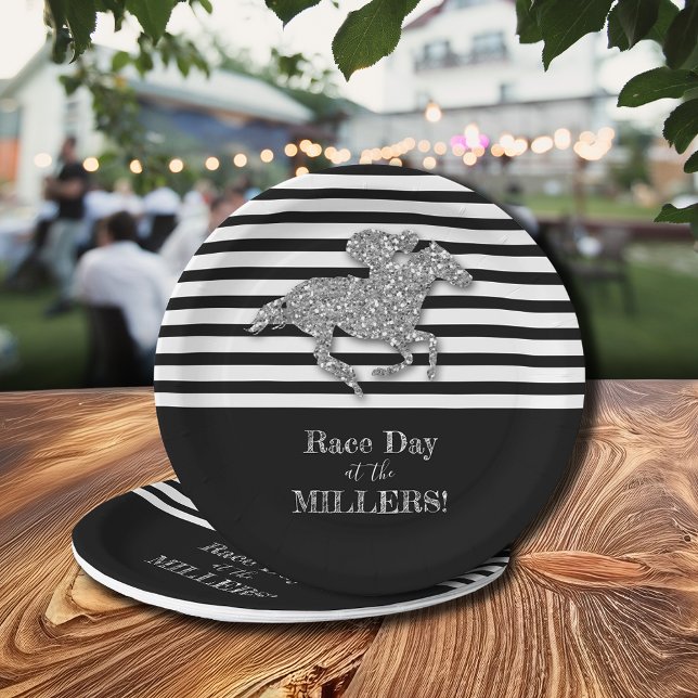 Assiettes En Carton Argent Hippocampe noir blanc rayures (Silver Racehorse Black White Stripes 7" Paper Plates (9" available.))