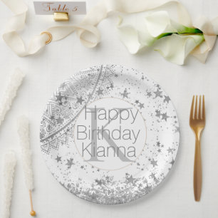 Assiettes En Carton Argent Lotus Mandala Stars Monogramme Anniversaire