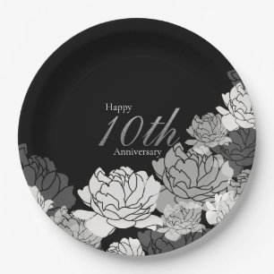 Assiettes En Carton Argent, noir & blanc imprimé rose 10e anniversaire