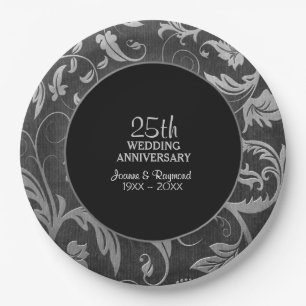 Assiettes En Carton Argent Noir Damas 25e anniversaire