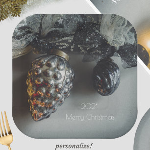 Assiettes En Carton Argent noir rétro ornements de Noël avec ruban