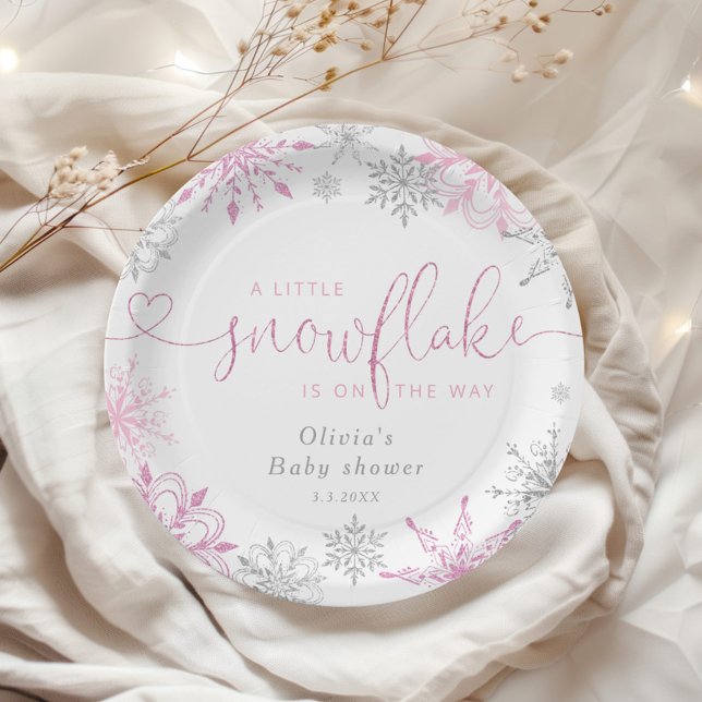 Assiettes En Carton Argent rose Un petit baby shower de flocon de neig (Créateur téléchargé)