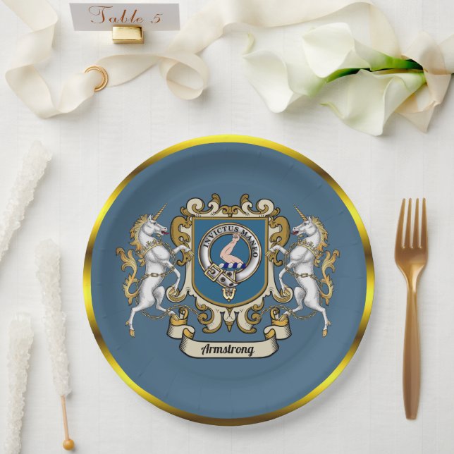 Assiettes En Carton Armstrong Clan Badge Bleu Personnalisé (Mariage)