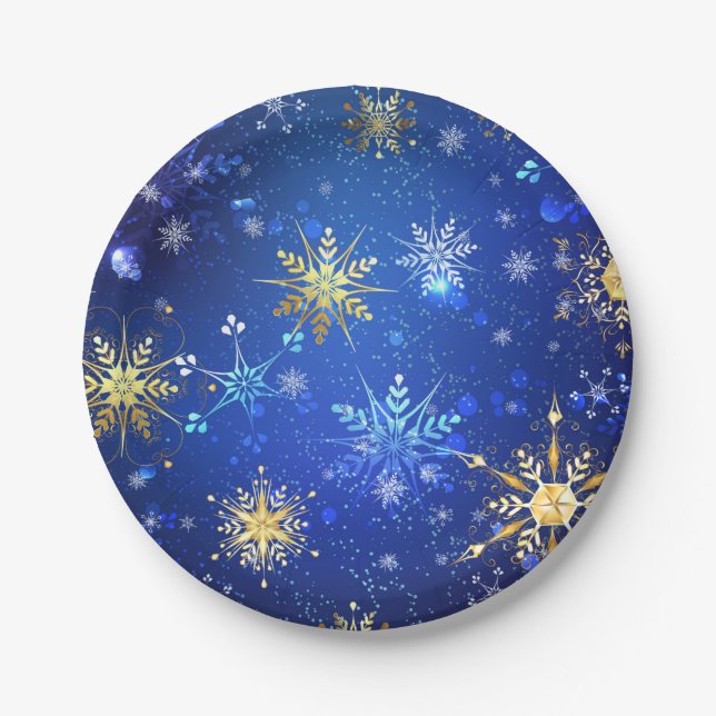 Assiettes En Carton Arrière - plan Bleu XMAS avec des flocons de neige (Devant)