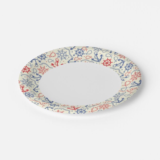 Assiettes En Carton arrière - plan rouge et marine avec ancre (Angle)