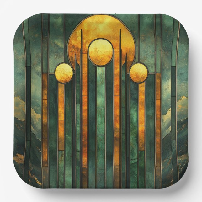 Assiettes En Carton Art déco Turquoise Vert Or Soleil (Recto)