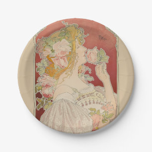 Assiettes En Carton Art Nouveau Belle Époque Dame Roses Livemont
