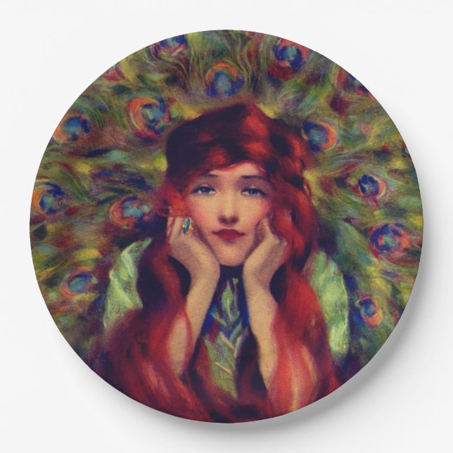Assiettes En Carton Art nouveau déco femme plumes paon élégant (Devant)