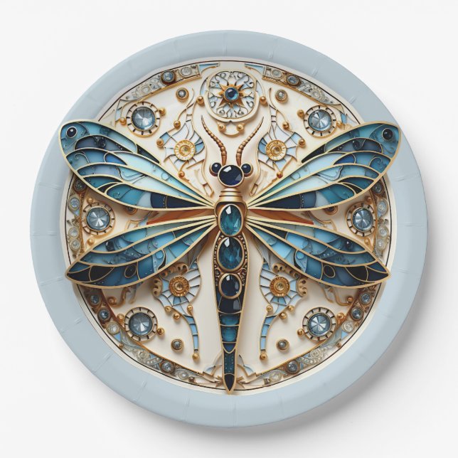 Assiettes En Carton Art Nouveau Dragonfly Sapphires Or élégant (Devant)