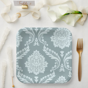 Assiettes En Carton Art Rococo Damassé I Bleu de Canard + Turquoise