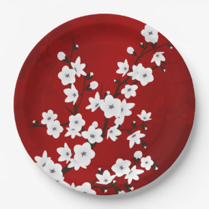 Assiettes En Carton Asie Floral blanc cerisier rouge