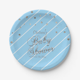 Assiettes En Carton Assez bleu et argenté - baby shower
