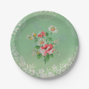 Assiettes En Carton Assez vert avec les plats roses de papier peint