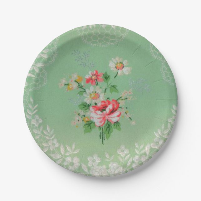 Assiettes En Carton Assez vert avec les plats roses de papier peint (Devant)