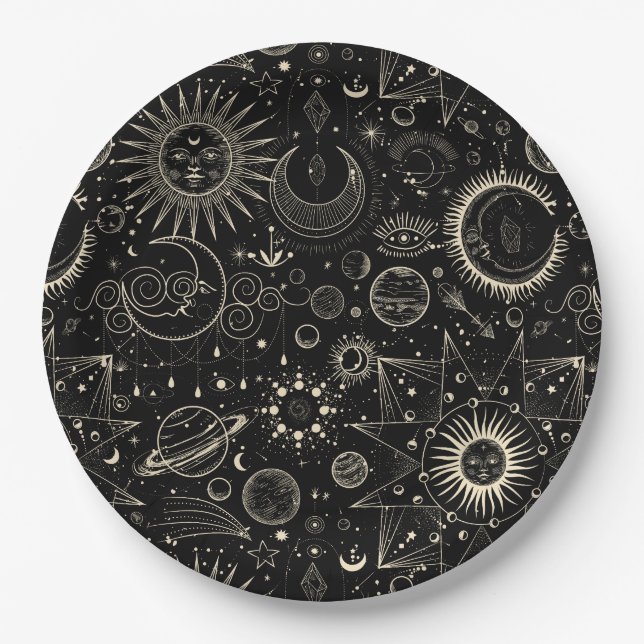 Assiettes En Carton astrologie magique tarot boho motif céleste (Devant)