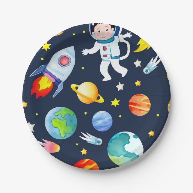 Assiettes En Carton Astronaut in Space Planets and Rockets Pattern (Devant)