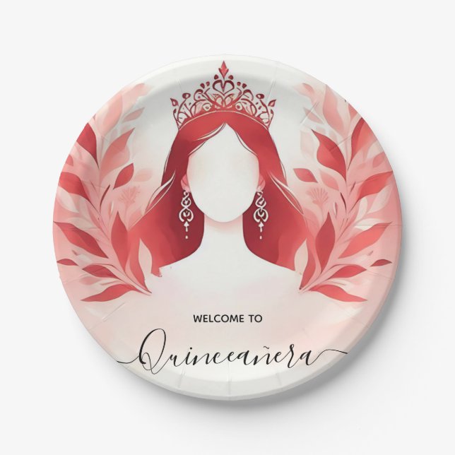 Assiettes En Carton At Hot Pink Crown Tiara Black Lace Red Quinceanera (Devant)