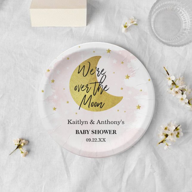 Assiettes En Carton Au-Dessus De La Lune | Baby shower filles (Créateur téléchargé)