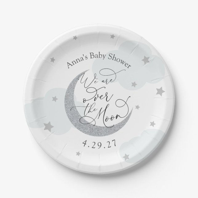 Assiettes En Carton Au-dessus de la lune Bleu et argent (Devant)