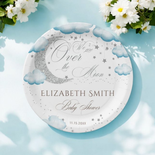 Assiettes En Carton Au-dessus du Baby shower de garçon Moon Silver Blu (Créateur téléchargé)