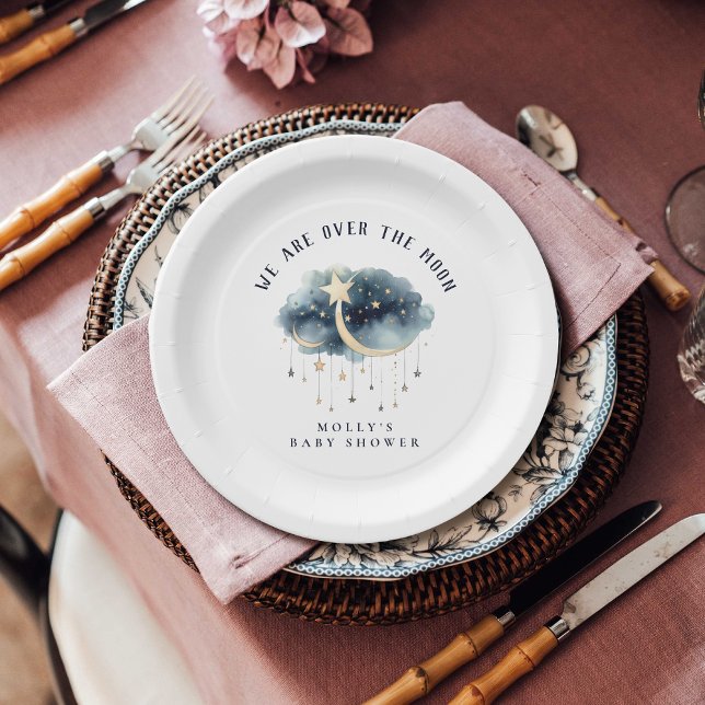Assiettes En Carton Au-dessus du Baby shower Moon Gold Stars (Over the Moon Baby Shower Paper Plate )