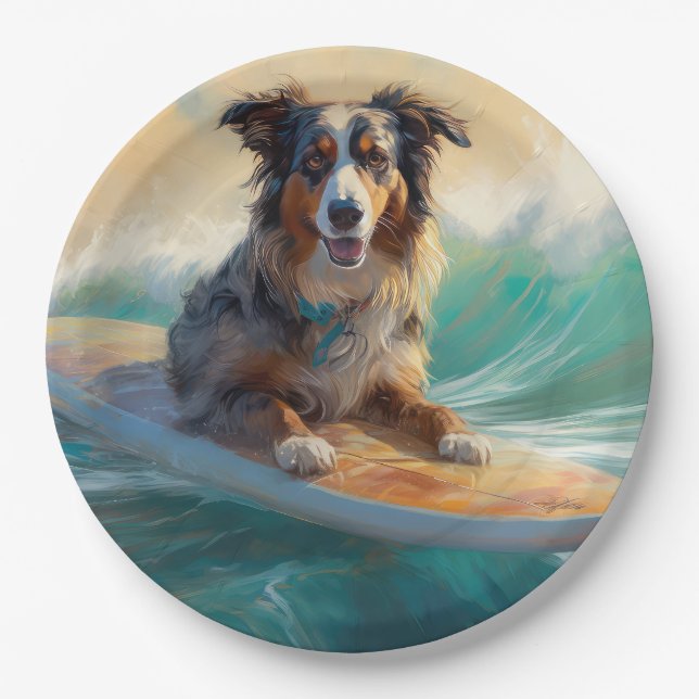 Assiettes En Carton Australian Shepherd Beach Surfing Peinture (Devant)