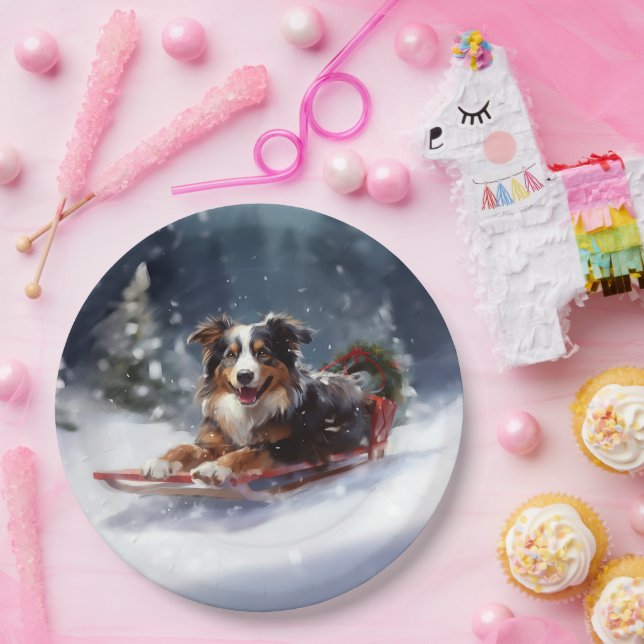 Assiettes En Carton Australian Shepherd hiver neige de Noël (Fête)
