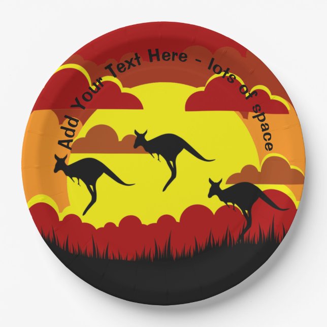 Assiettes En Carton Australie Kangaroos Rouge Noir Jaune Papier 9" (Devant)