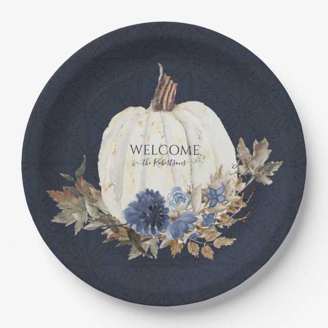 Assiettes En Carton Automne Blanc Citrouille Marine Dusty Blue Brown F (Devant)