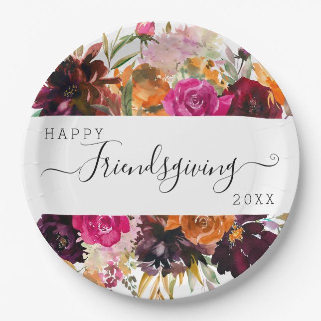 Assiettes En Carton Automne Boho Aquarelle Floral Friendsgiving (Devant)