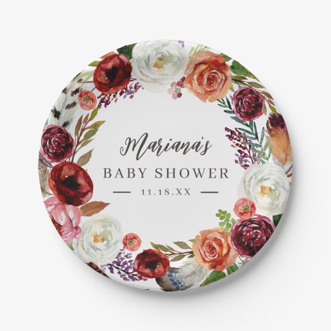 Assiettes En Carton Automne Boho Blooms Baby shower personnalisé (Devant)