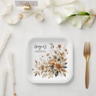 Assiettes En Carton Automne Brown Floral Élégante fête d'anniversaire