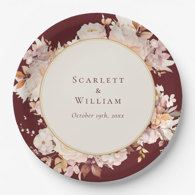 Assiettes En Carton Automne Floral Bourgogne Mariage de crème (Devant)