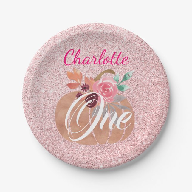 Assiettes En Carton Automne Floral Citrouille 1er Anniversaire Rose Or (Devant)