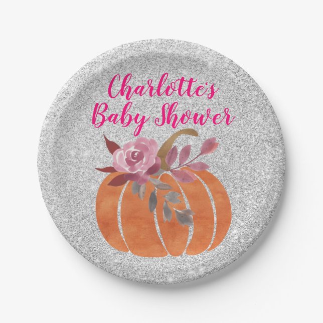 Assiettes En Carton Automne Floral Citrouille Baby shower rose argent (Devant)