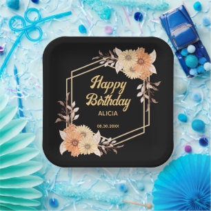 Assiettes En Carton Automne Orange Flower Gold Noir Joyeux Anniversair