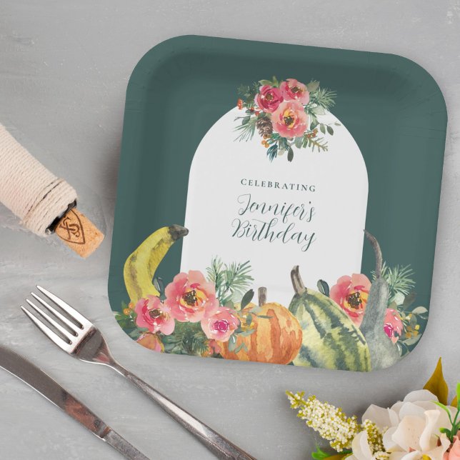Assiettes En Carton Automne Vert Citrouille rose Floral fête d'anniver (Créateur téléchargé)