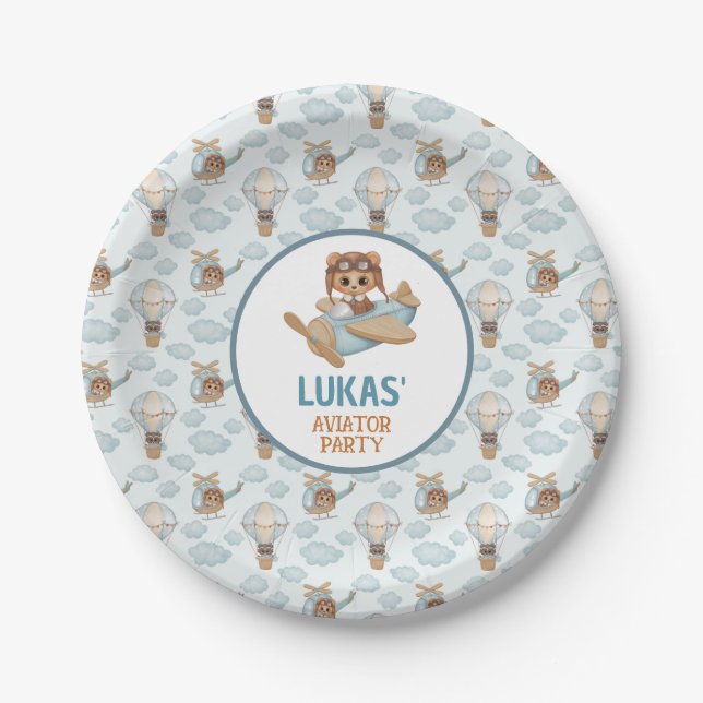 Assiettes En Carton Aviator Party Bear Pastel Blue Anniversaire (Devant)