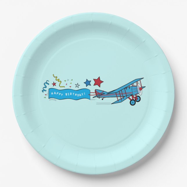 Assiettes En Carton Avion : Bannière de joyeux anniversaire de biplan (Devant)