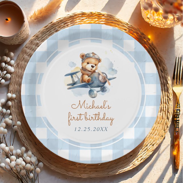 Assiettes En Carton Avion Teddy Bear Bleu 1er anniversaire (Créateur téléchargé)