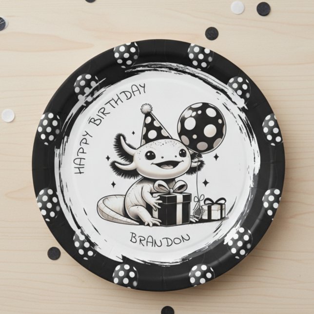 Assiettes En Carton Axolotl et ballons noirs et blancs Anniversaire (Créateur téléchargé)